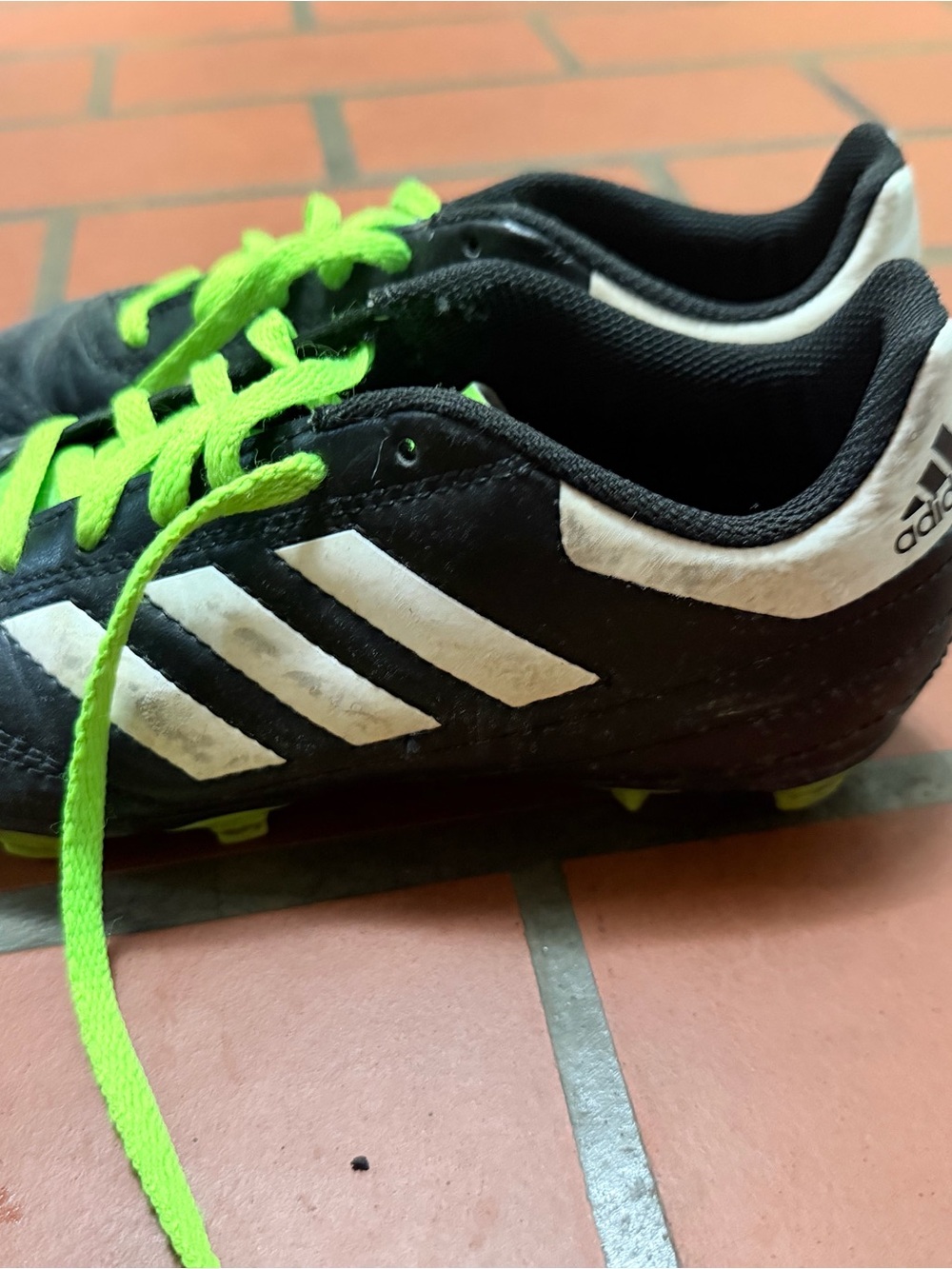 adidas Kids Black Soccer Shoes with Neon Green Laces